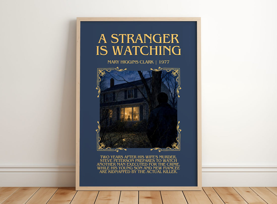 A Stranger Is Watching Minimalist Book Poster by Mary Higgins Clark – framed print leaning on a wooden floor