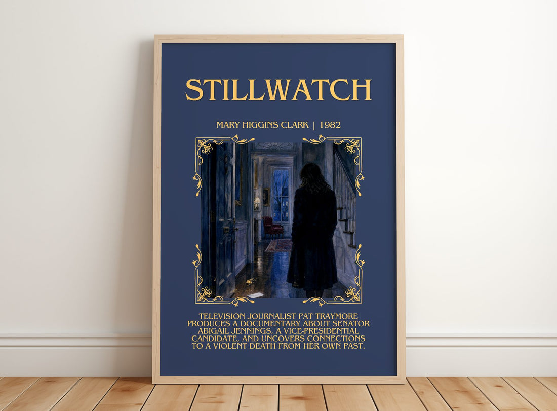 Stillwatch Minimalist Book Poster by Mary Higgins Clark – framed print leaning on a wooden floor