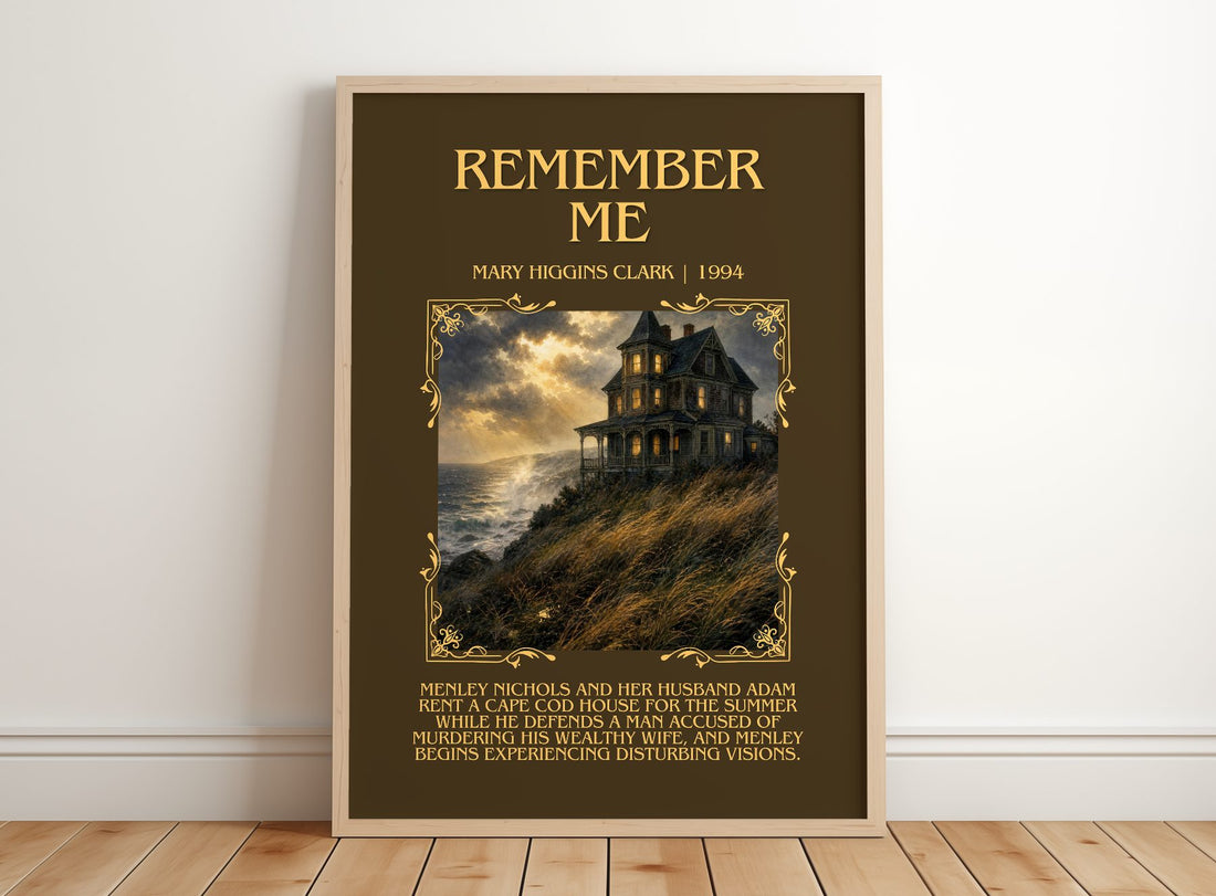 Remember Me Minimalist Book Poster by Mary Higgins Clark – framed print leaning on a wooden floor