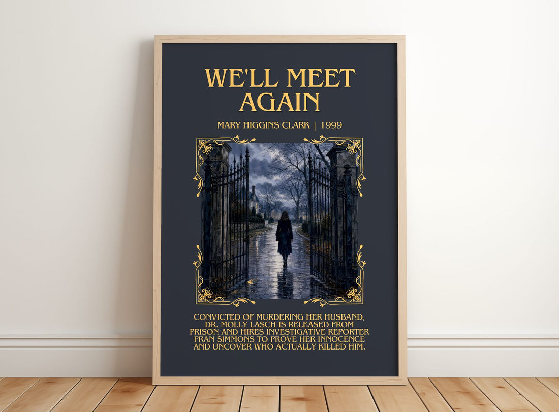 We'll Meet Again Minimalist Book Poster by Mary Higgins Clark – framed print leaning on a wooden floor
