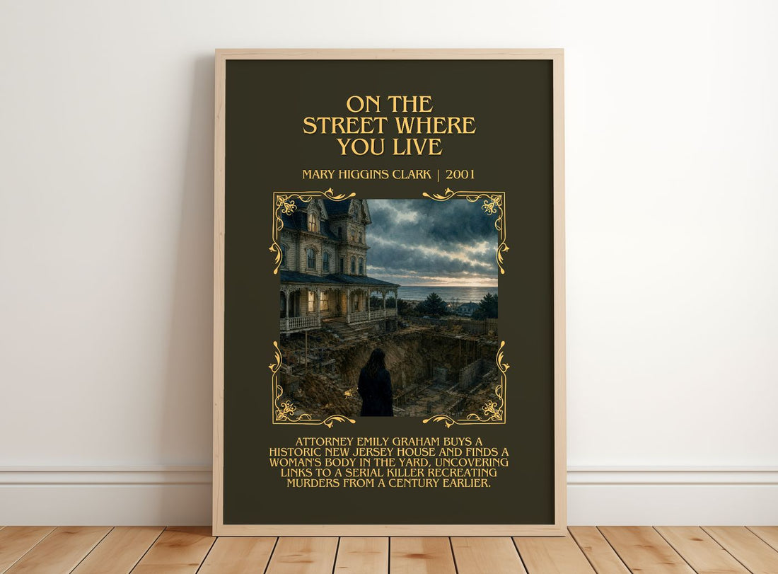On the Street Where You Live Minimalist Book Poster by M. Clark – framed print leaning on a wooden floor