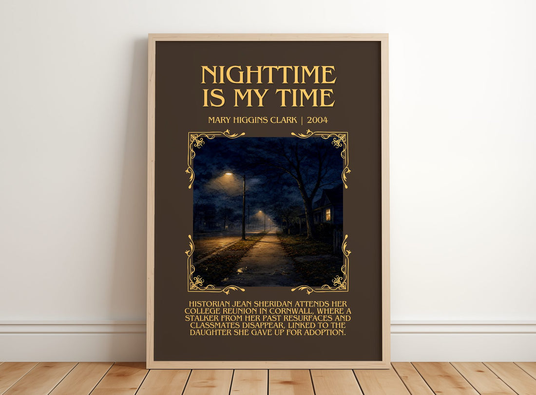 Nighttime Is My Time Minimalist Book Poster by Mary Higgins Clark – framed print leaning on a wooden floor