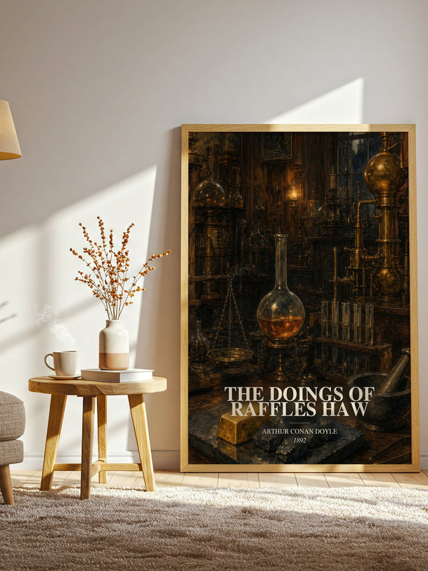 The Doings Of Raffles Haw watercolour print in frame leaning in hallway – mystery wall art