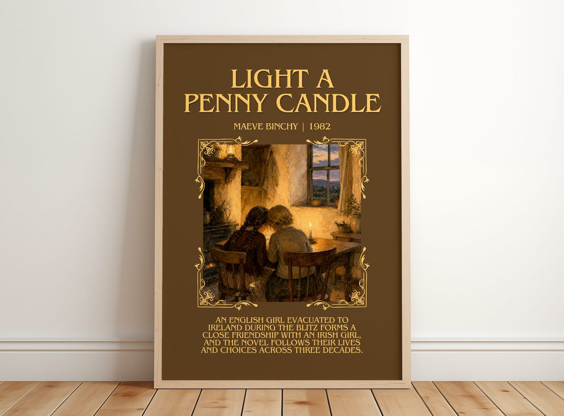 Light a Penny Candle Minimalist Book Poster by Maeve Binchy – framed print leaning on a wooden floor