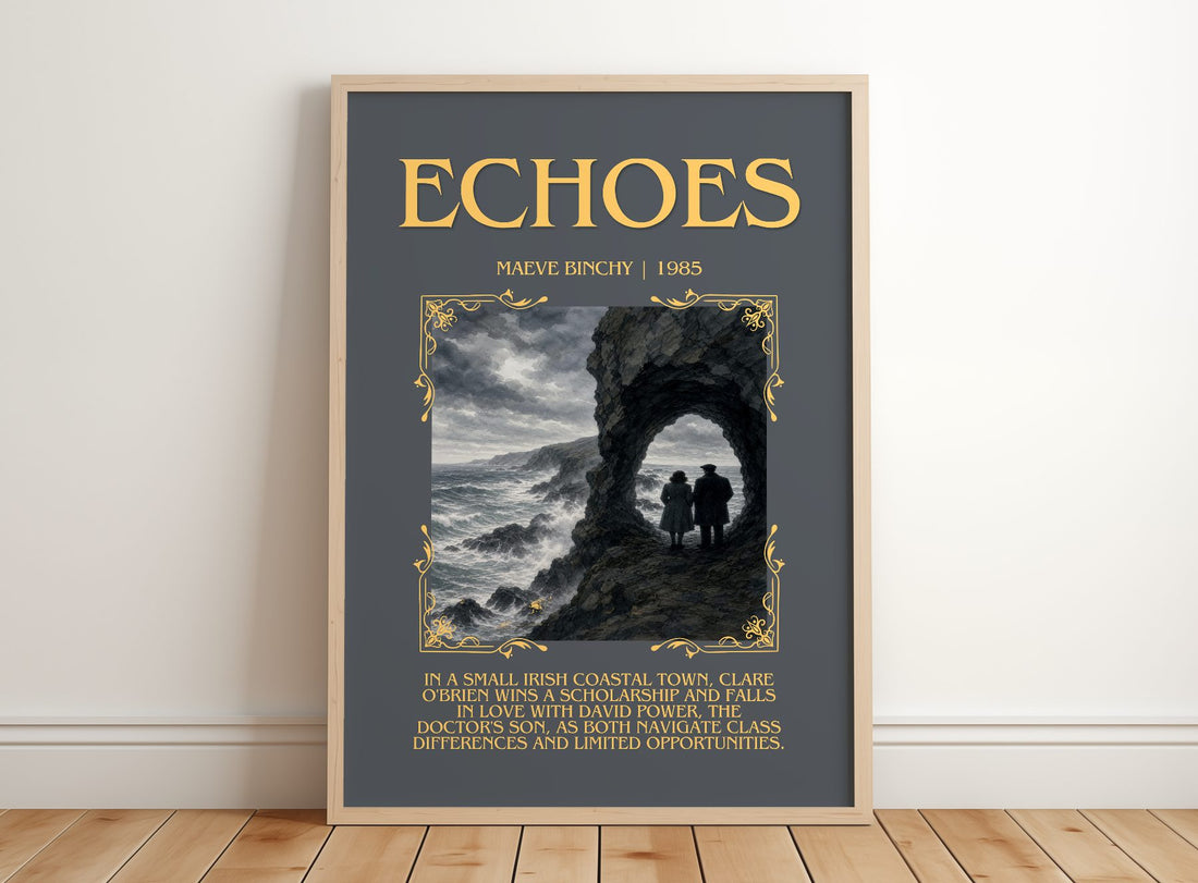 Echoes Minimalist Book Poster by Maeve Binchy – framed print leaning on a wooden floor