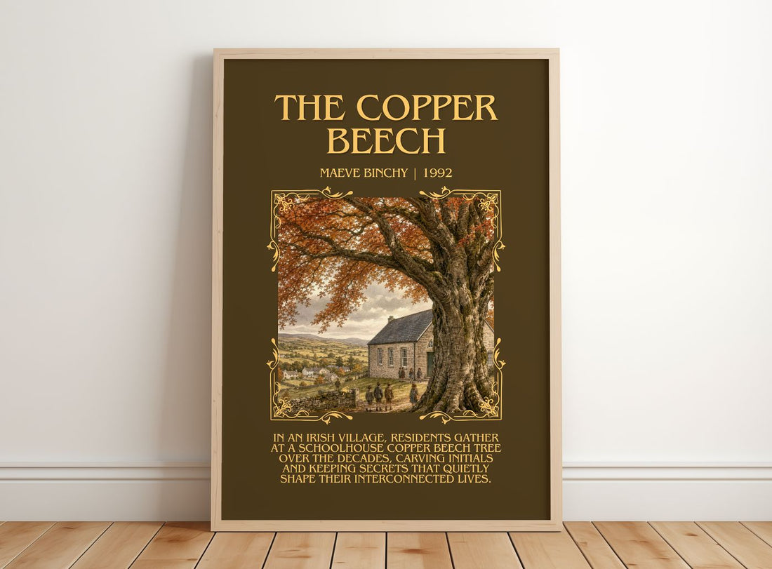 The Copper Beech Minimalist Book Poster by Maeve Binchy – framed print leaning on a wooden floor