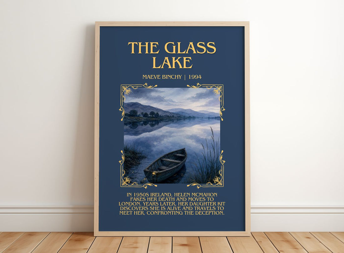The Glass Lake Minimalist Book Poster by Maeve Binchy – framed print leaning on a wooden floor