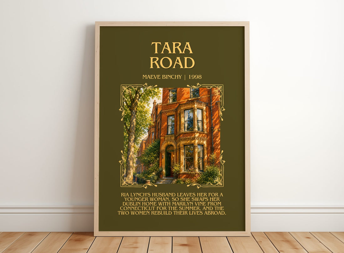Tara Road Minimalist Book Poster by Maeve Binchy – framed print leaning on a wooden floor