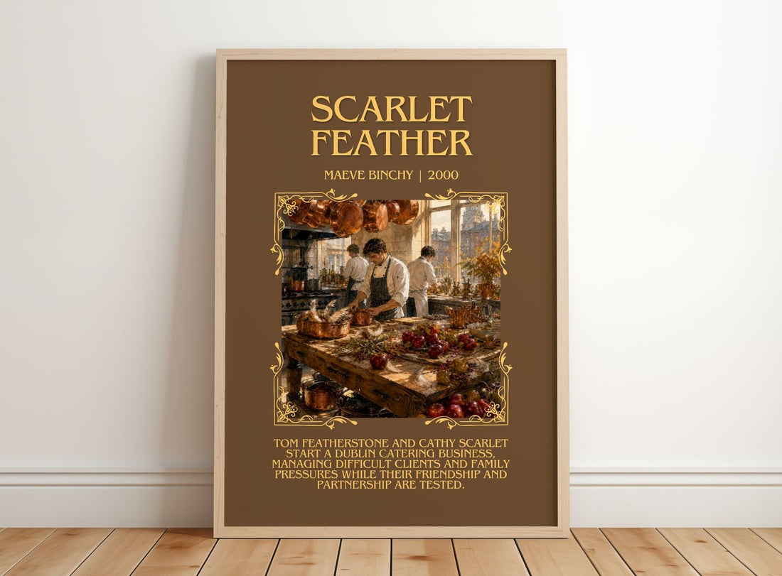 Scarlet Feather Minimalist Book Poster by Maeve Binchy – framed print leaning on a wooden floor
