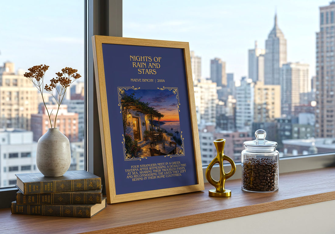 Nights of Rain and Stars Minimalist Book Poster by Maeve Binchy – framed print on a city-view windowsill