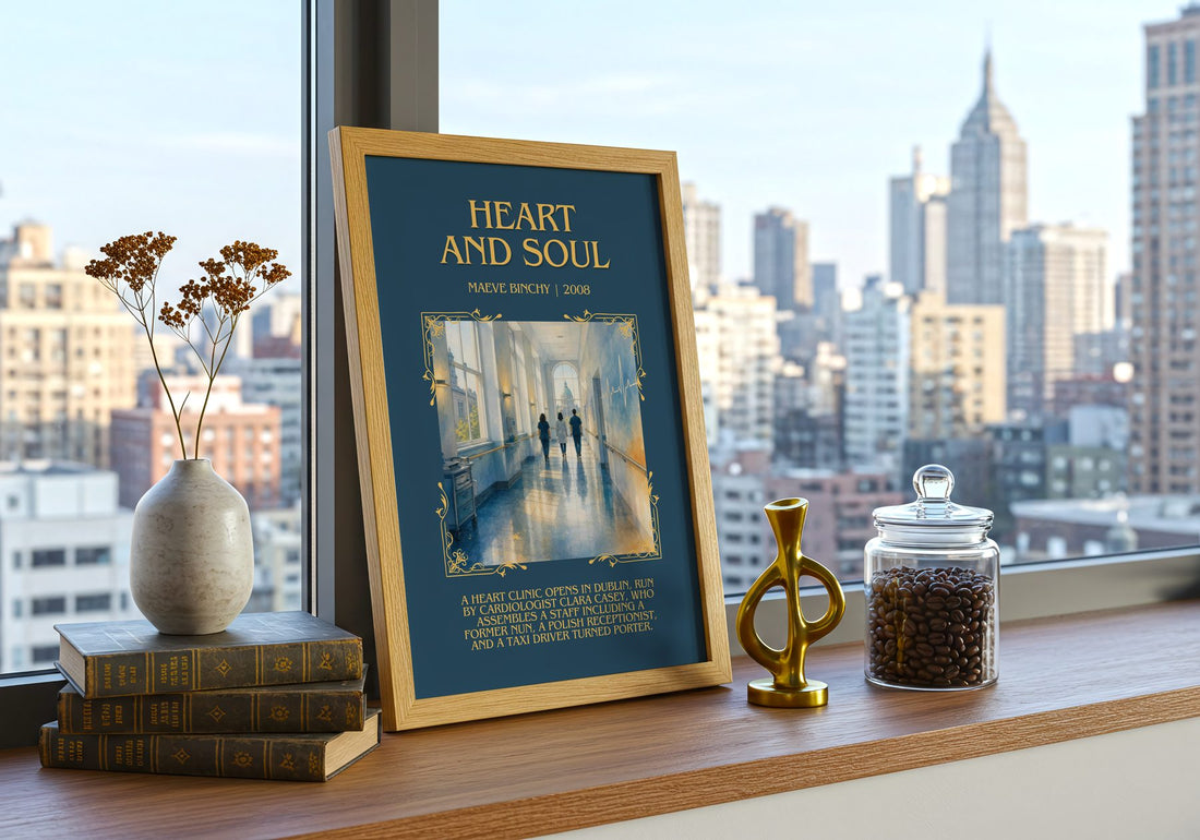 Heart and Soul Minimalist Book Poster by Maeve Binchy – framed print on a city-view windowsill