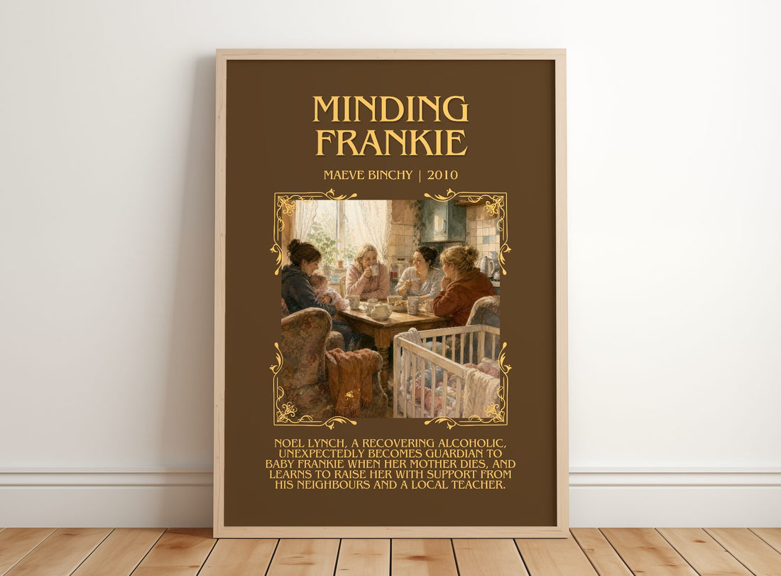 Minding Frankie Minimalist Book Poster by Maeve Binchy – framed print leaning on a wooden floor