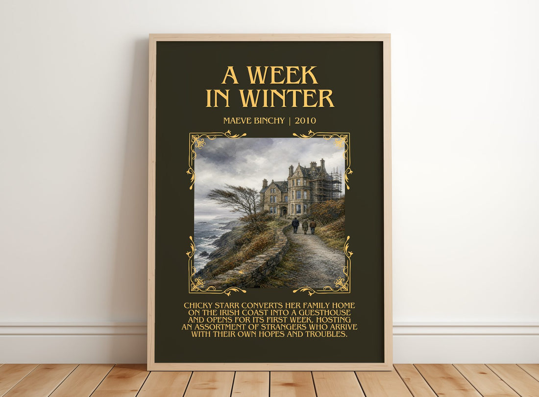 A Week in Winter Minimalist Book Poster by Maeve Binchy – framed print leaning on a wooden floor