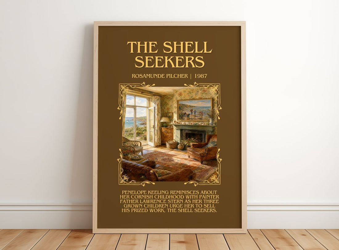 The Shell Seekers Minimalist Book Poster by Rosamunde Pilcher – framed print leaning on a wooden floor