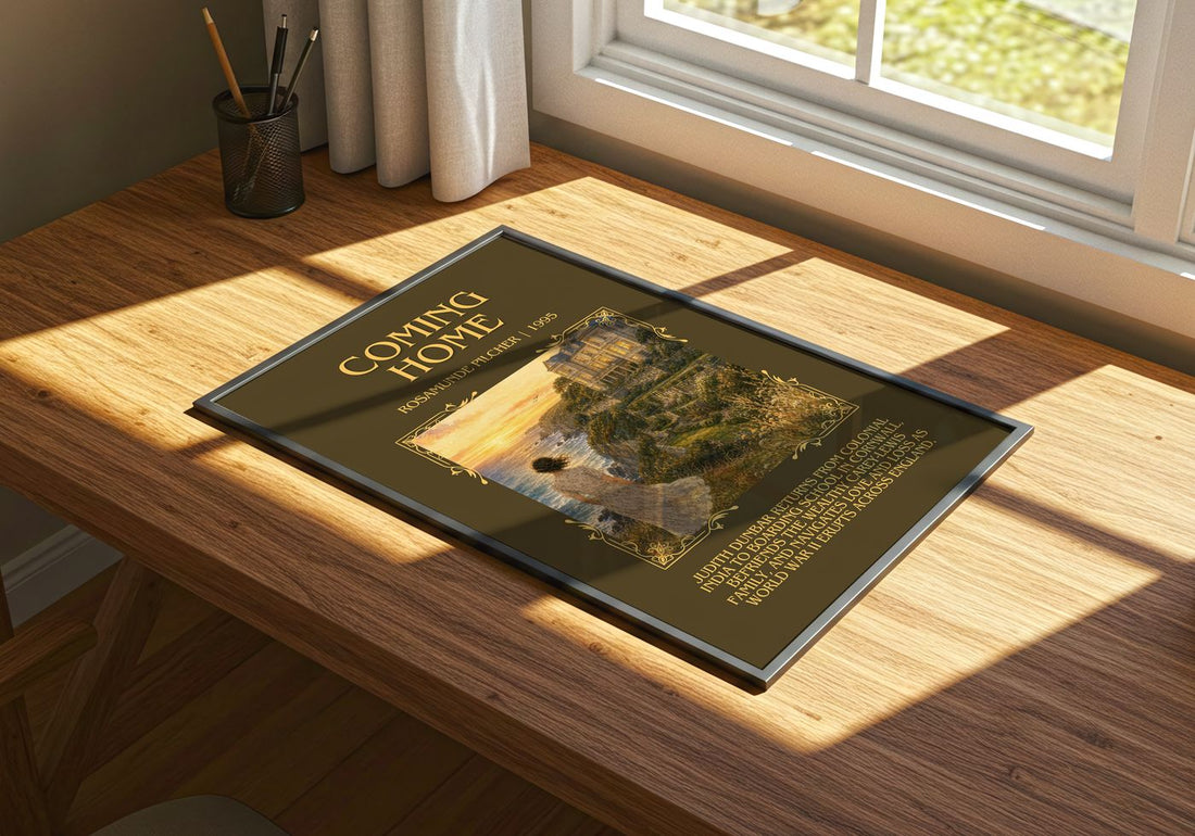 Coming Home Minimalist Book Poster by Rosamunde Pilcher – print on a sunlit desk