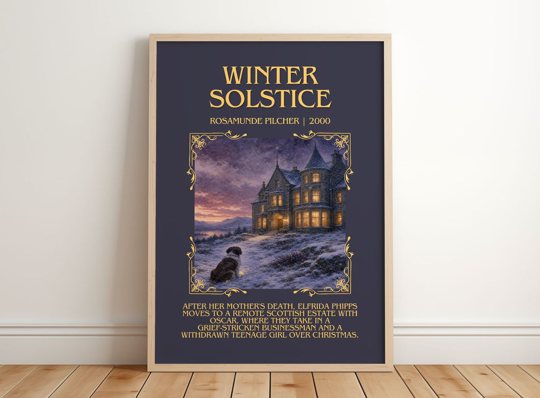 Winter Solstice Minimalist Book Poster by Rosamunde Pilcher – framed print leaning on a wooden floor
