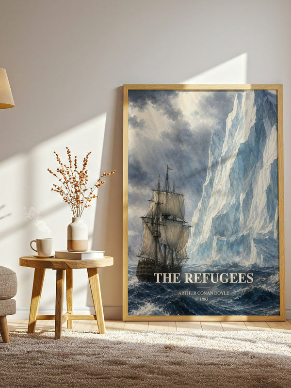 The Refugees watercolour print in frame leaning in hallway – historical fiction wall art