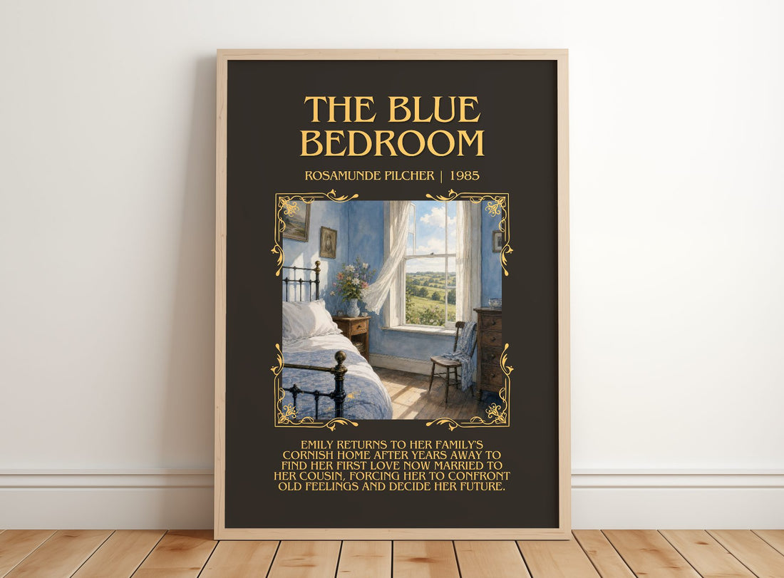 The Blue Bedroom Minimalist Book Poster by Rosamunde Pilcher – framed print leaning on a wooden floor