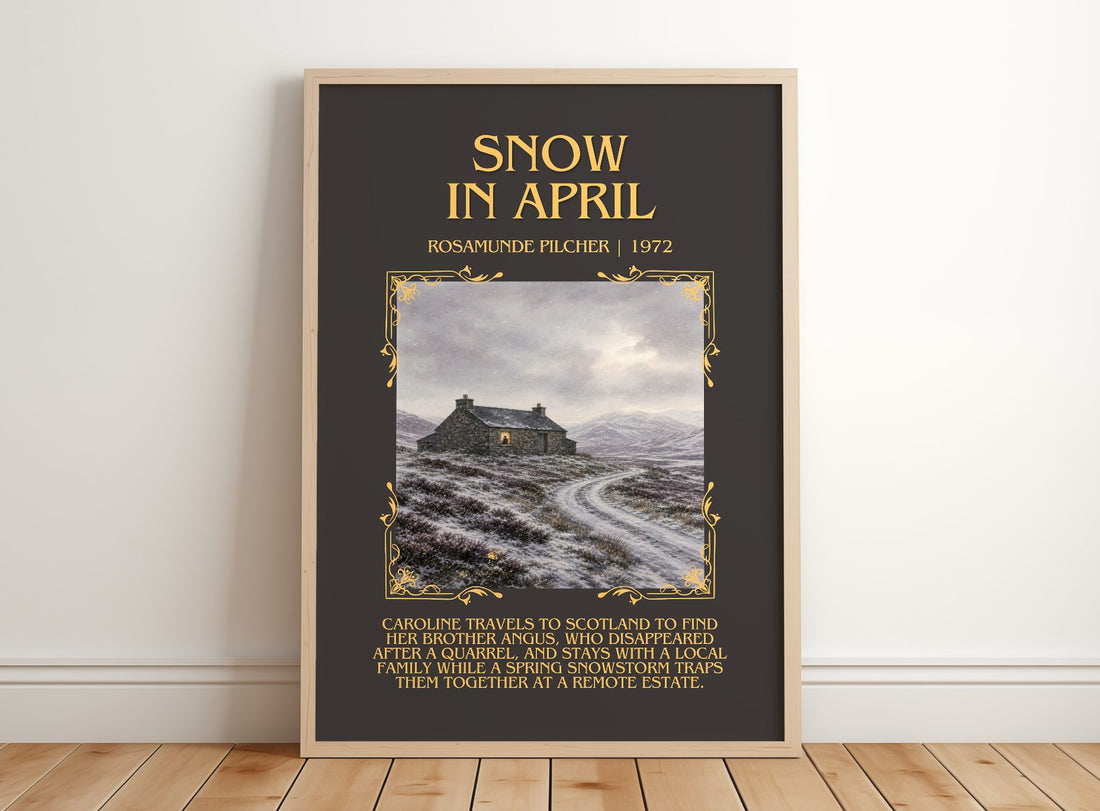 Snow in April Minimalist Book Poster by Rosamunde Pilcher – framed print leaning on a wooden floor