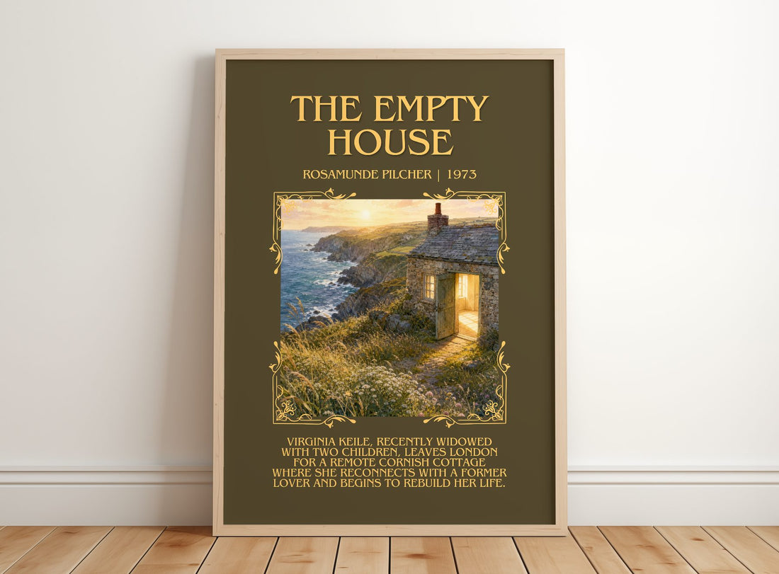 The Empty House Minimalist Book Poster by Rosamunde Pilcher – framed print leaning on a wooden floor