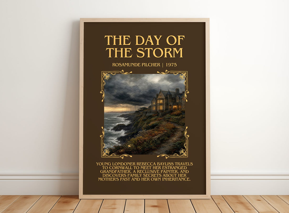 The Day of the Storm Minimalist Book Poster by Rosamunde Pilcher – framed print leaning on a wooden floor