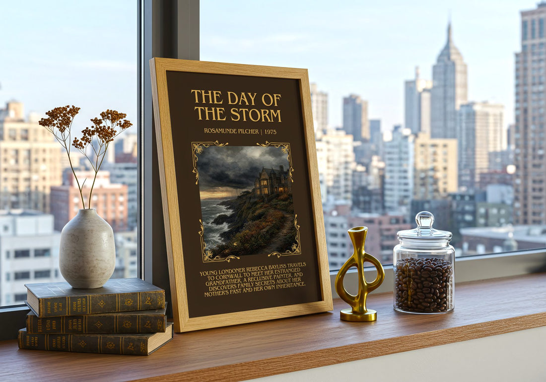 The Day of the Storm Minimalist Book Poster by Rosamunde Pilcher – framed print on a city-view windowsill