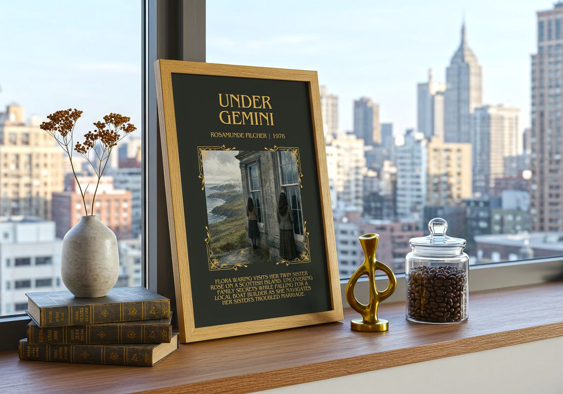 Under Gemini Minimalist Book Poster by Rosamunde Pilcher – framed print on a city-view windowsill