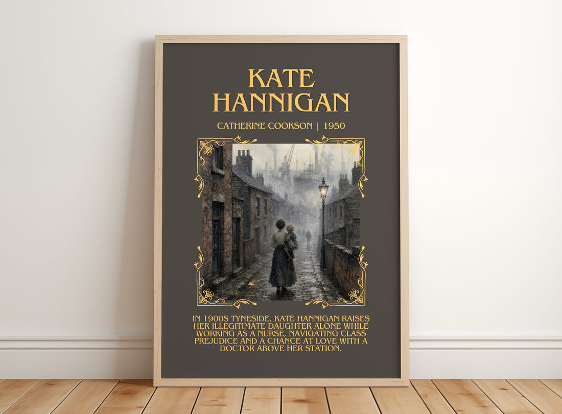 Kate Hannigan Minimalist Book Poster by Catherine Cookson – framed print leaning on a wooden floor