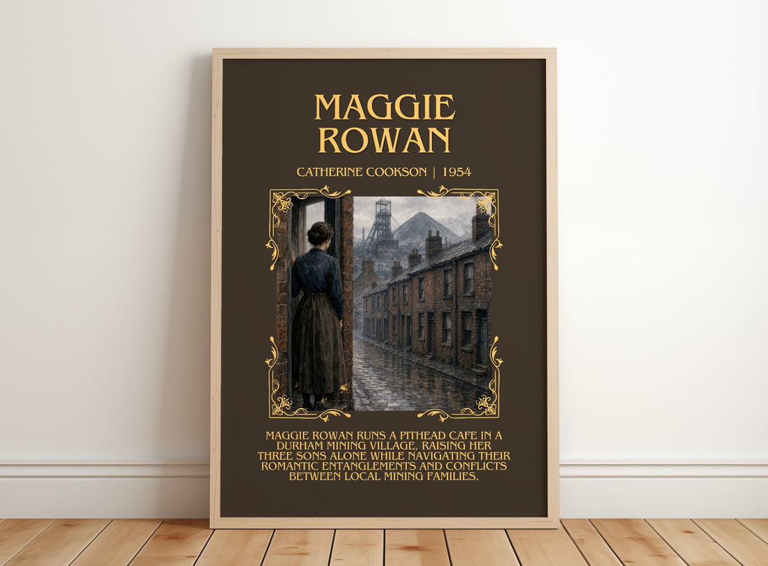 Maggie Rowan Minimalist Book Poster by Catherine Cookson – framed print leaning on a wooden floor