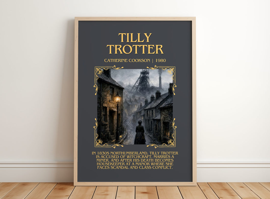 Tilly Trotter Minimalist Book Poster by Catherine Cookson – framed print leaning on a wooden floor