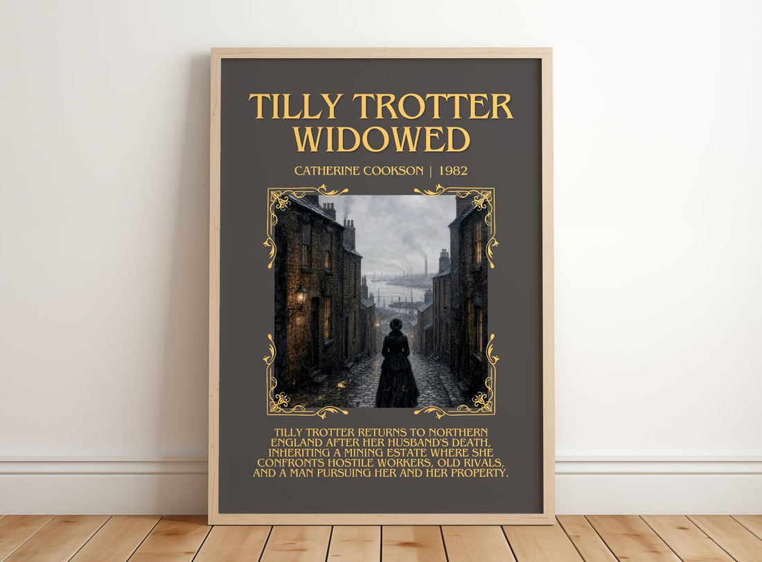 Tilly Trotter Widowed Minimalist Book Poster by Catherine Cookson – framed print leaning on a wooden floor