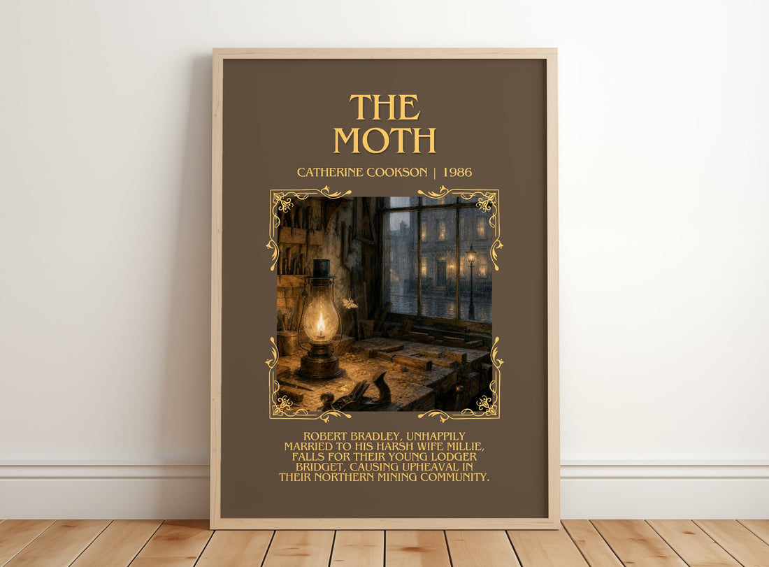 The Moth Minimalist Book Poster by Catherine Cookson – framed print leaning on a wooden floor