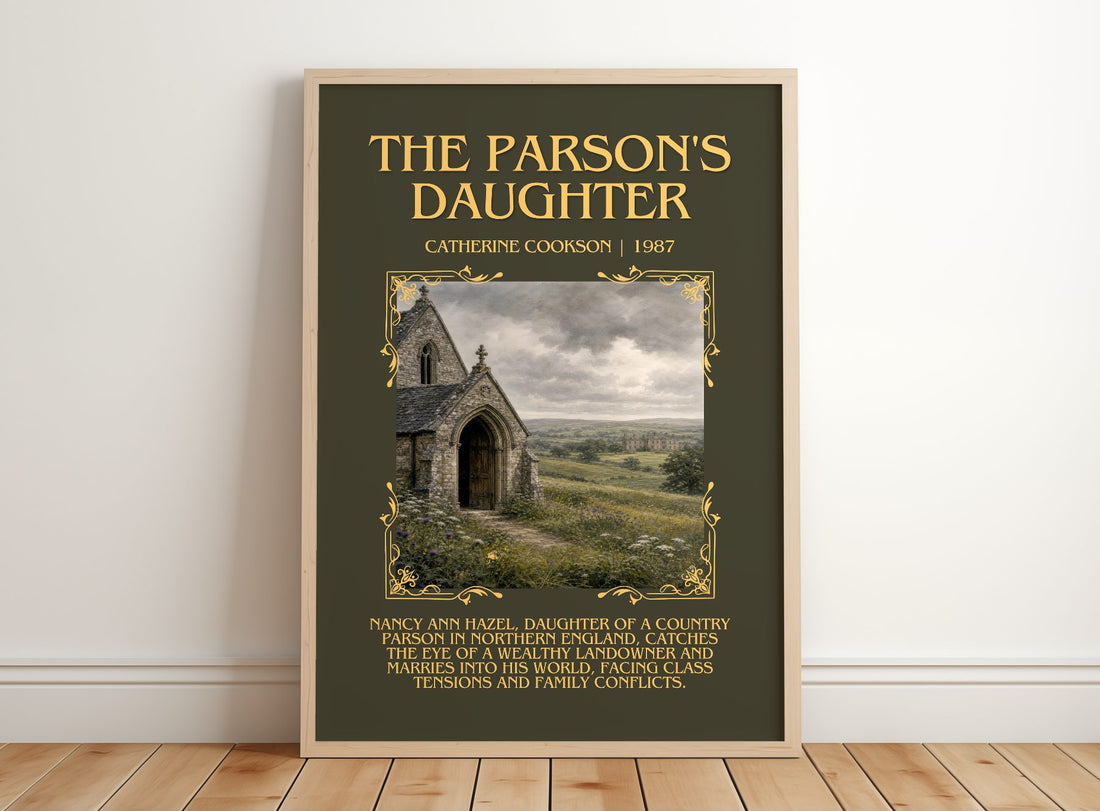 The Parson's Daughter Minimalist Book Poster by Catherine Cookson – framed print leaning on a wooden floor