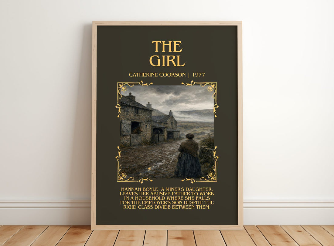 The Girl Minimalist Book Poster by Catherine Cookson – framed print leaning on a wooden floor