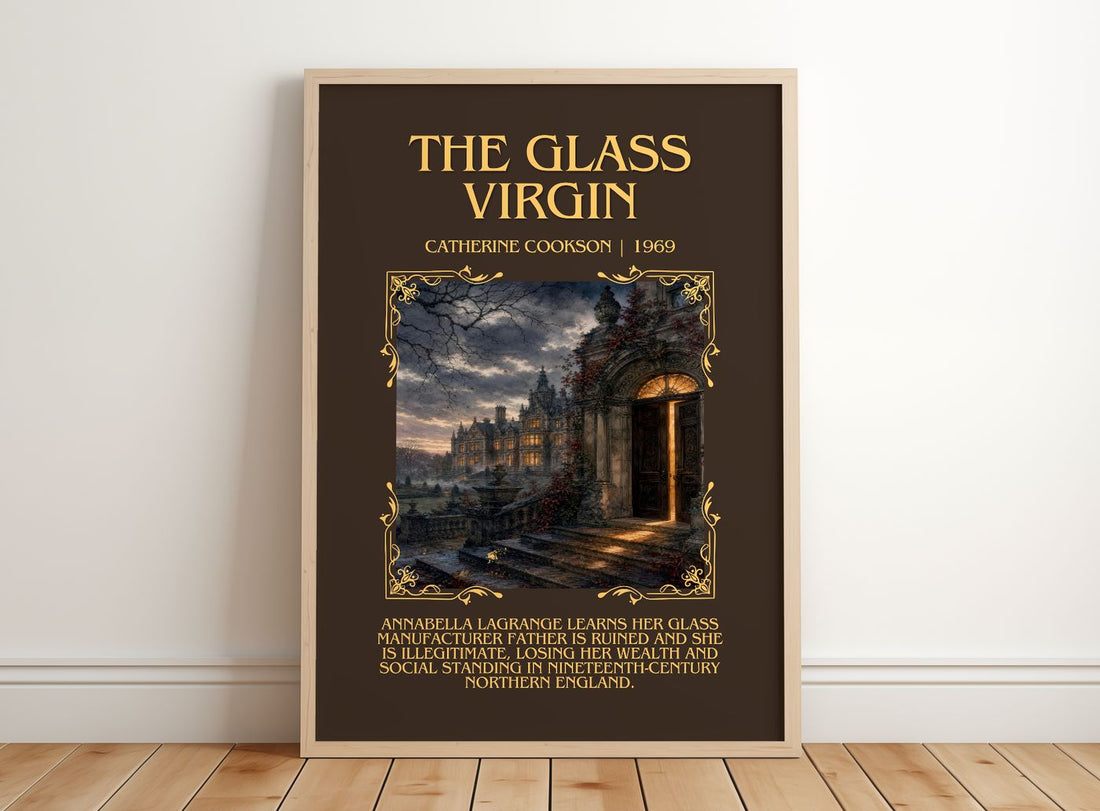 The Glass Virgin Minimalist Book Poster by Catherine Cookson – framed print leaning on a wooden floor