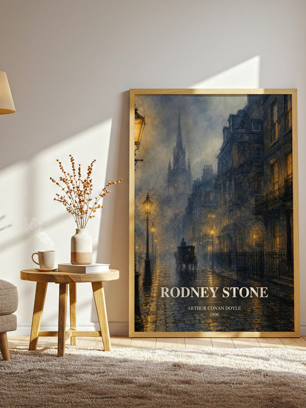 Rodney Stone watercolour print in frame leaning in hallway – historical fiction wall art