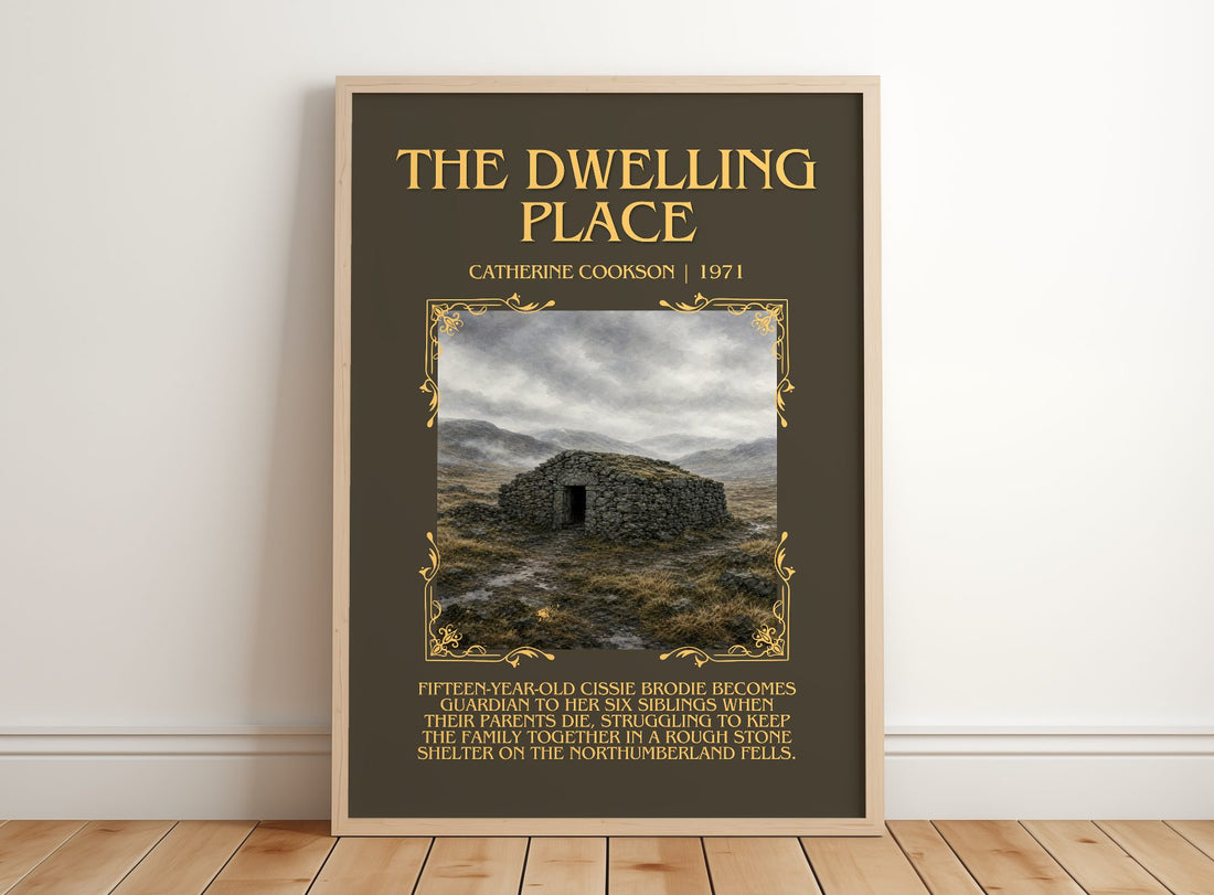 The Dwelling Place Minimalist Book Poster by Catherine Cookson – framed print leaning on a wooden floor