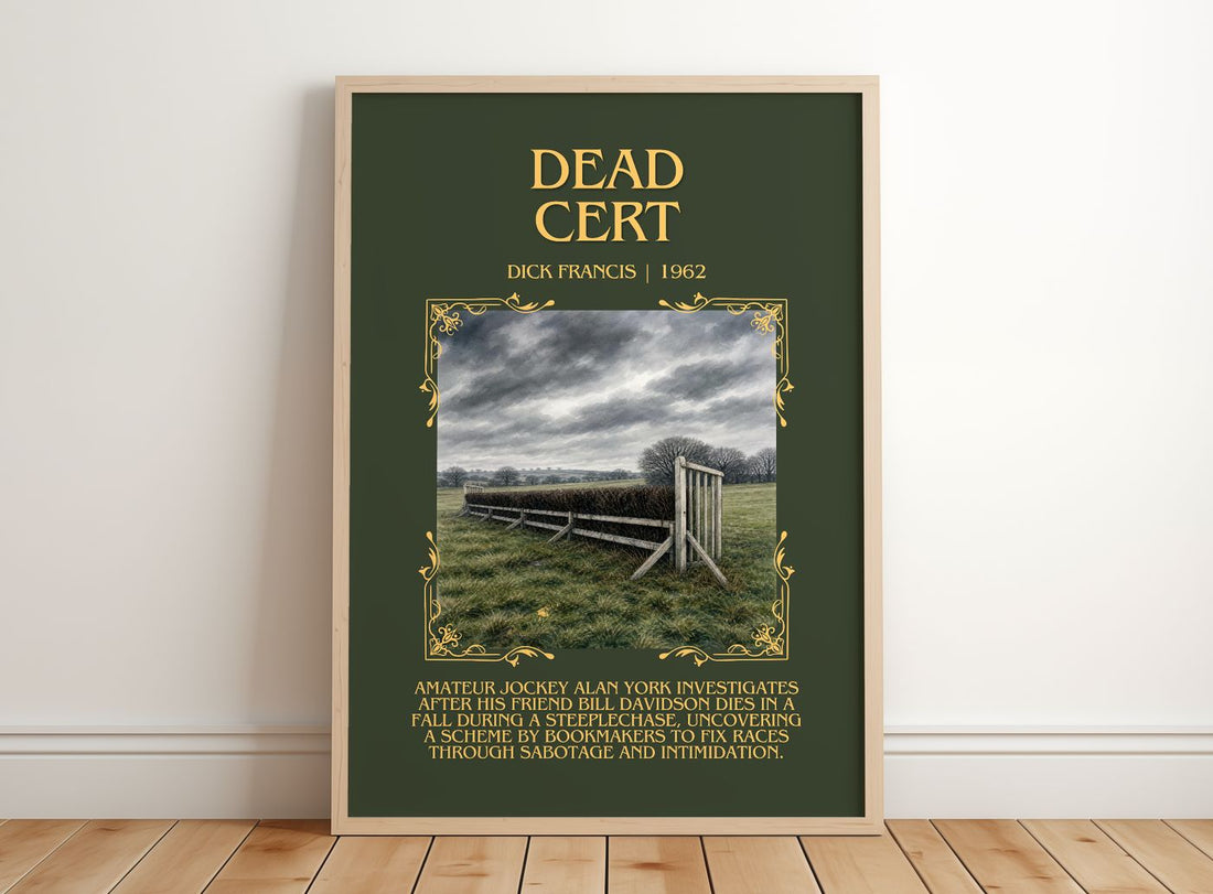 Dead Cert Minimalist Book Poster by Dick Francis – framed print leaning on a wooden floor