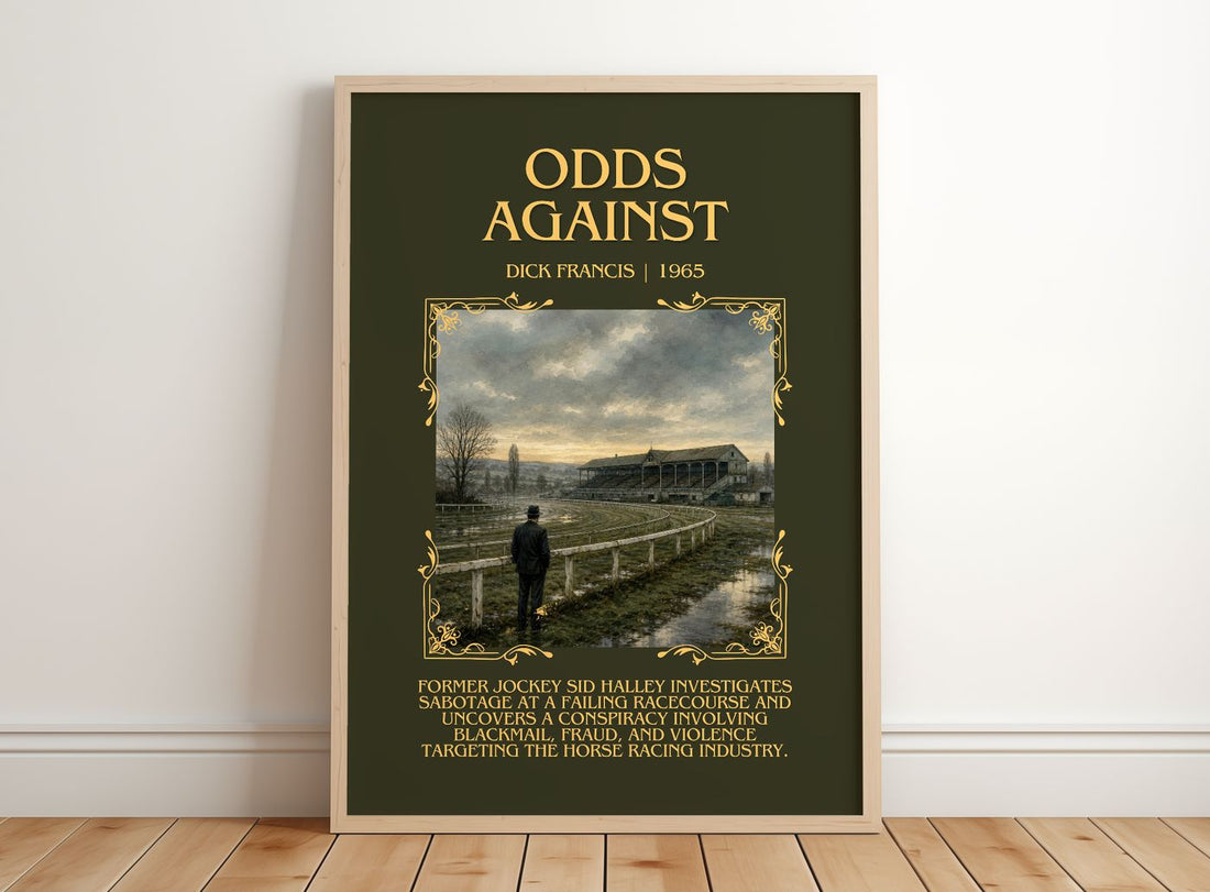 Odds Against Minimalist Book Poster by Dick Francis – framed print leaning on a wooden floor