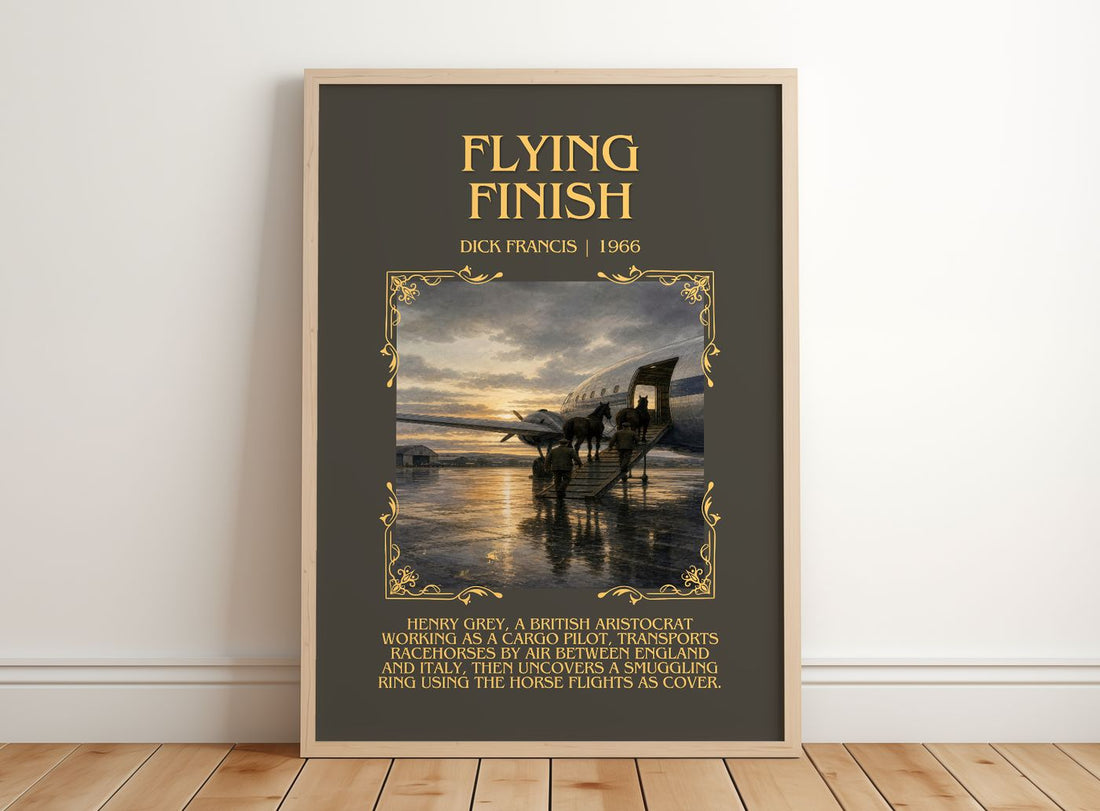 Flying Finish Minimalist Book Poster by Dick Francis – framed print leaning on a wooden floor