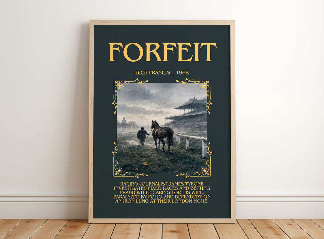 Forfeit Minimalist Book Poster by Dick Francis – framed print leaning on a wooden floor