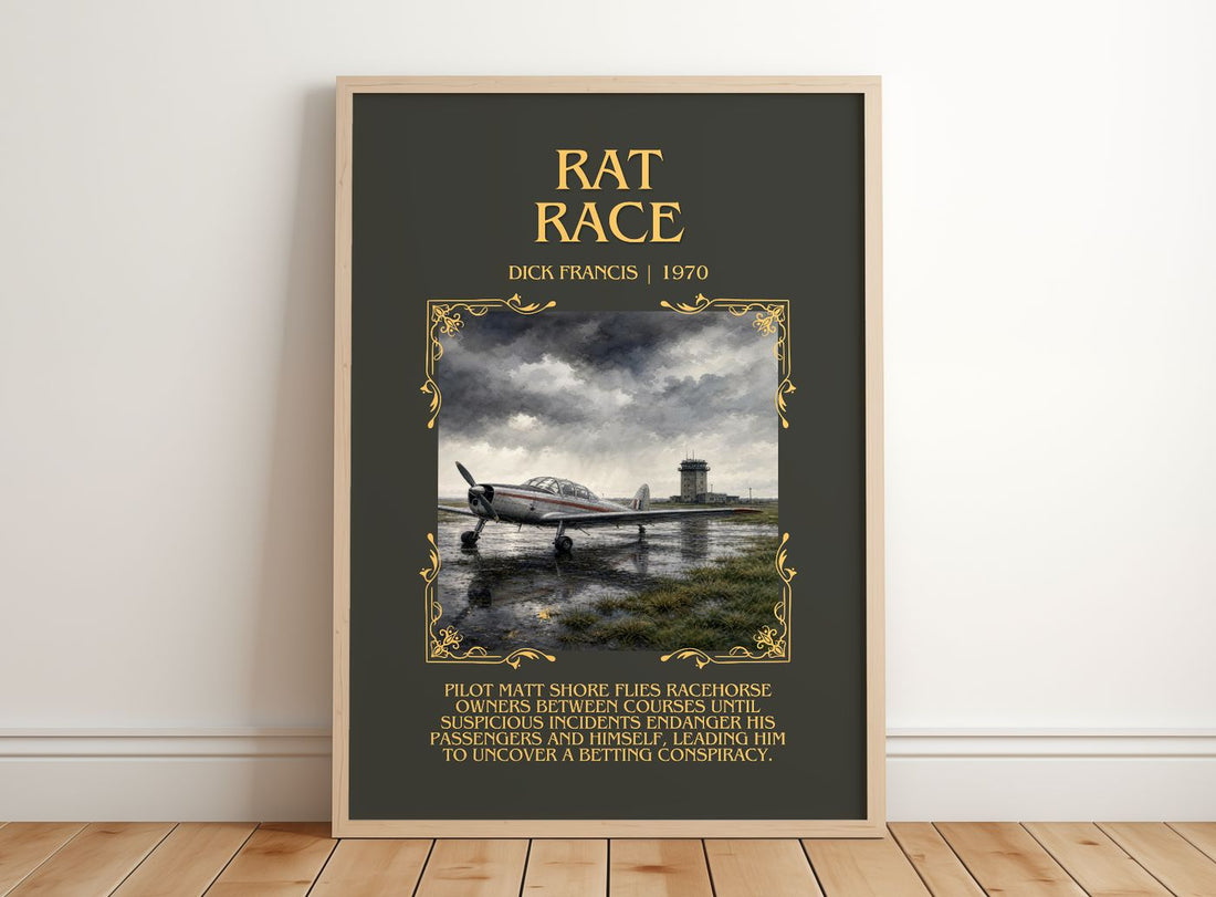 Rat Race Minimalist Book Poster by Dick Francis – framed print leaning on a wooden floor