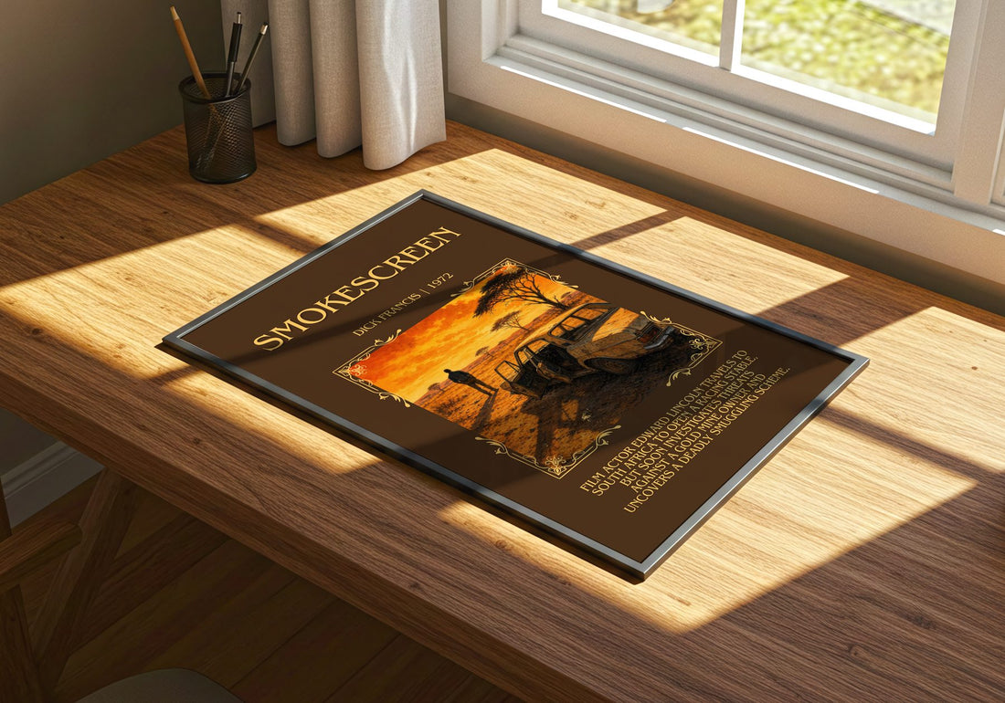Smokescreen Minimalist Book Poster by Dick Francis – print on a sunlit desk