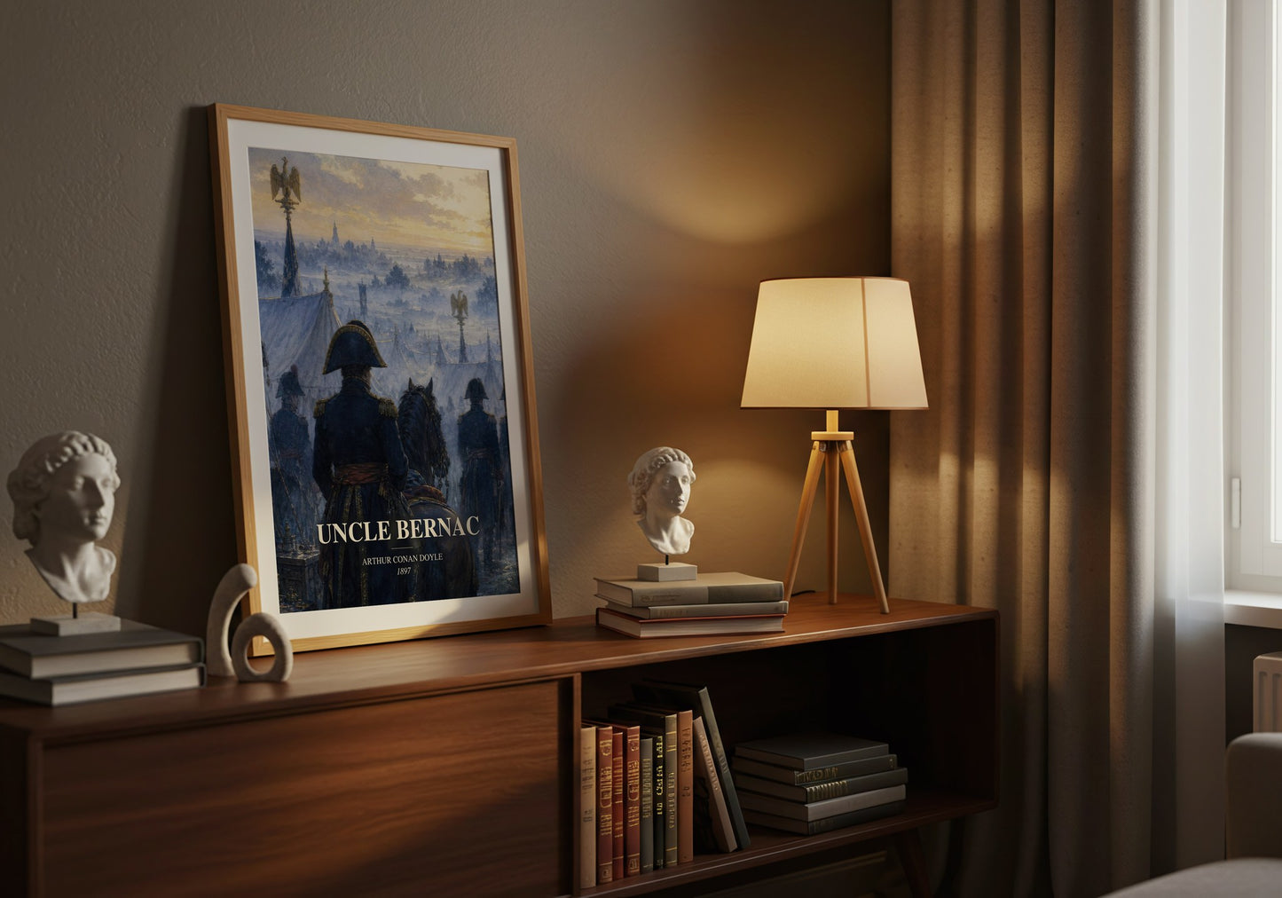 Uncle Bernac watercolour print on bookshelf – Arthur Conan Doyle fan gift