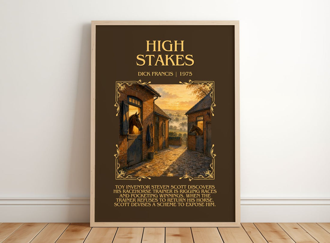 High Stakes Minimalist Book Poster by Dick Francis – framed print leaning on a wooden floor