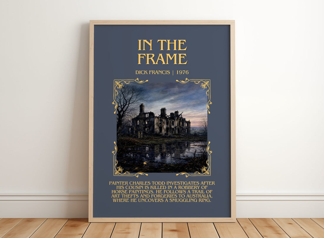 In the Frame Minimalist Book Poster by Dick Francis – framed print leaning on a wooden floor