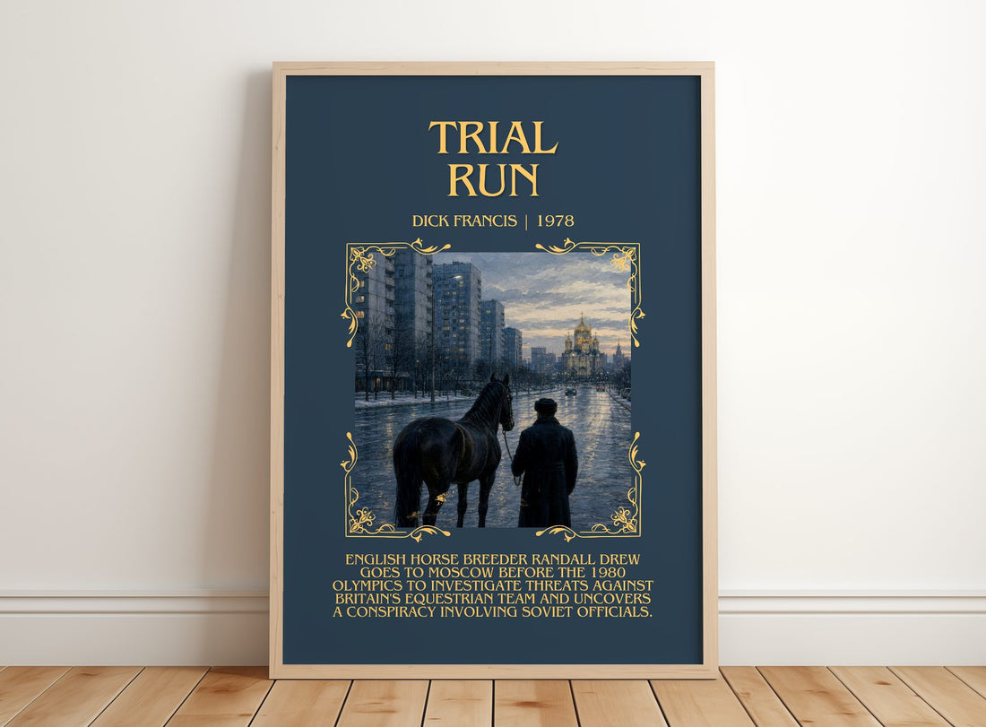 Trial Run Minimalist Book Poster by Dick Francis – framed print leaning on a wooden floor