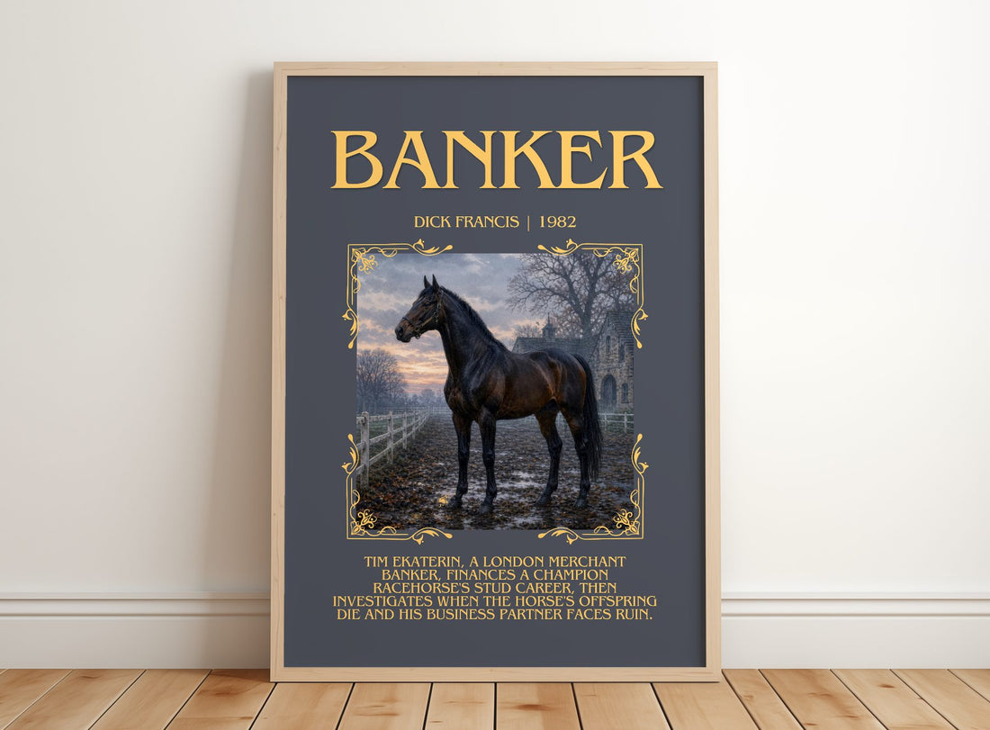 Banker Minimalist Book Poster by Dick Francis – framed print leaning on a wooden floor