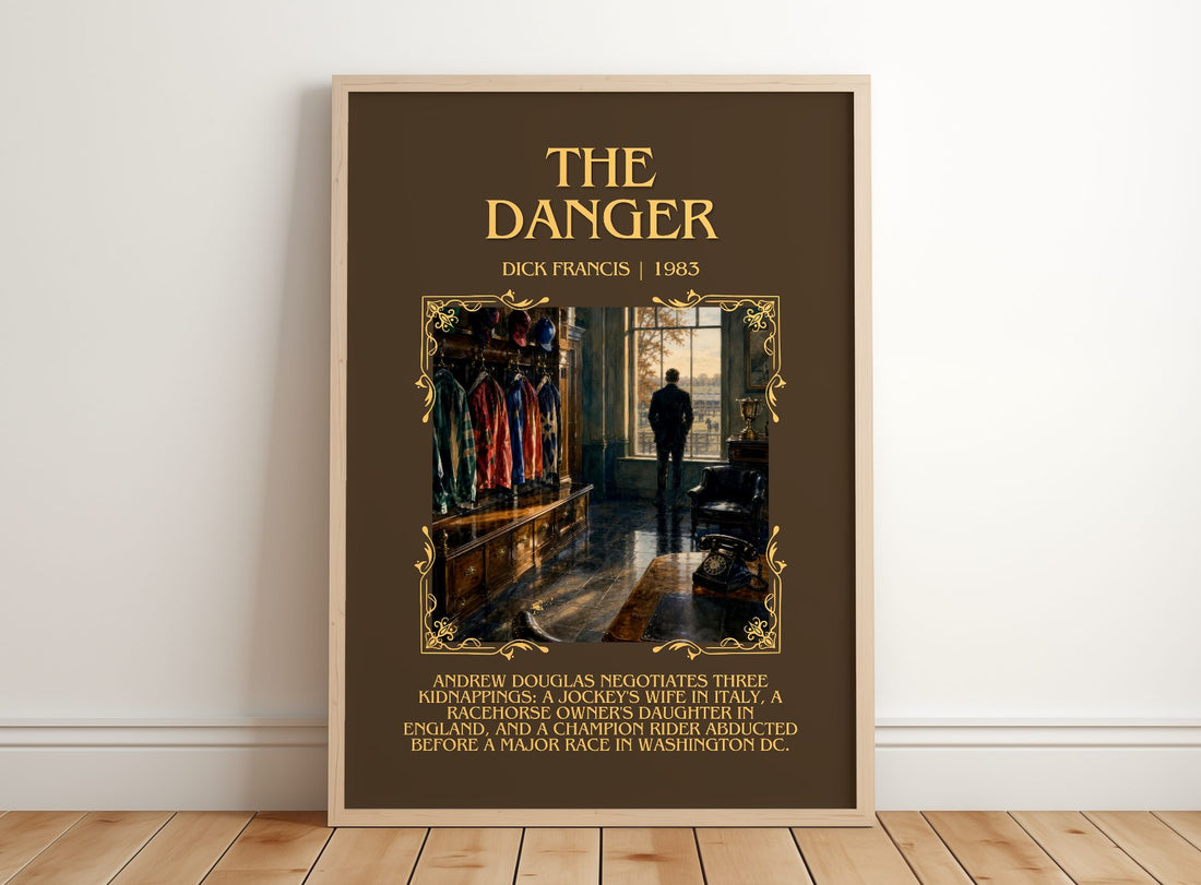 The Danger Minimalist Book Poster by Dick Francis – framed print leaning on a wooden floor