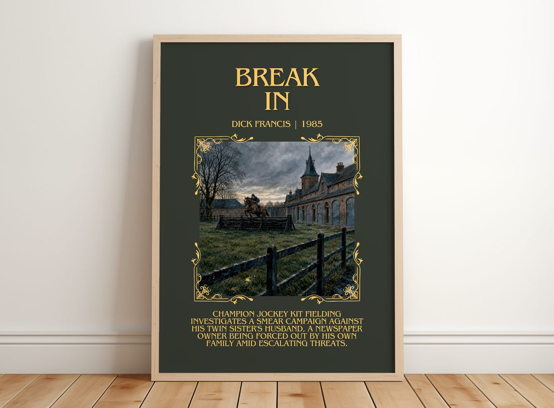 Break In Minimalist Book Poster by Dick Francis – framed print leaning on a wooden floor
